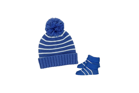 Baby Mode Signature's Navy Knit Hat &amp; Bootie Set is a cozy essential for your little one. Designed for infants 0-6 months, this stylish ensemble keeps your baby warm as temperatures drop.

The set includes:
• Knit hat with a faux fur pom pom
• Matching cozy booties