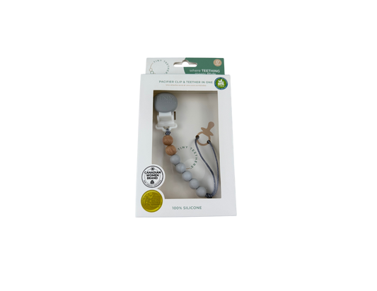 Tiny Teethers mini pacifier clip is perfect for the mini in your life. This innovative silicone clip is designed with a few moving parts and no metals. This allows your baby to teethe on the clip itself unlike the metal ones. Designed with fewer medium weight beads, our pacifier clip won't pull the soother out of your little baby's mouth. It will also stay clipped to your baby's clothing, preventing you from losing the soother or having it fall to the ground and get dirty in the moment you need it most.