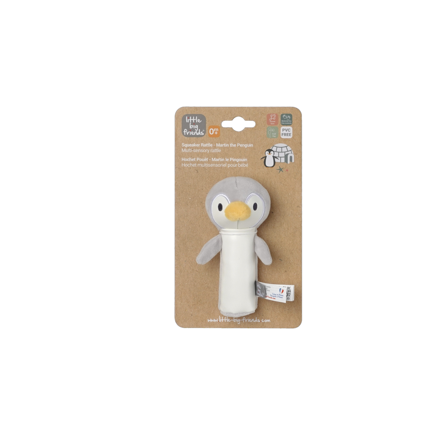 Martin the Penguin on display on a brown  box