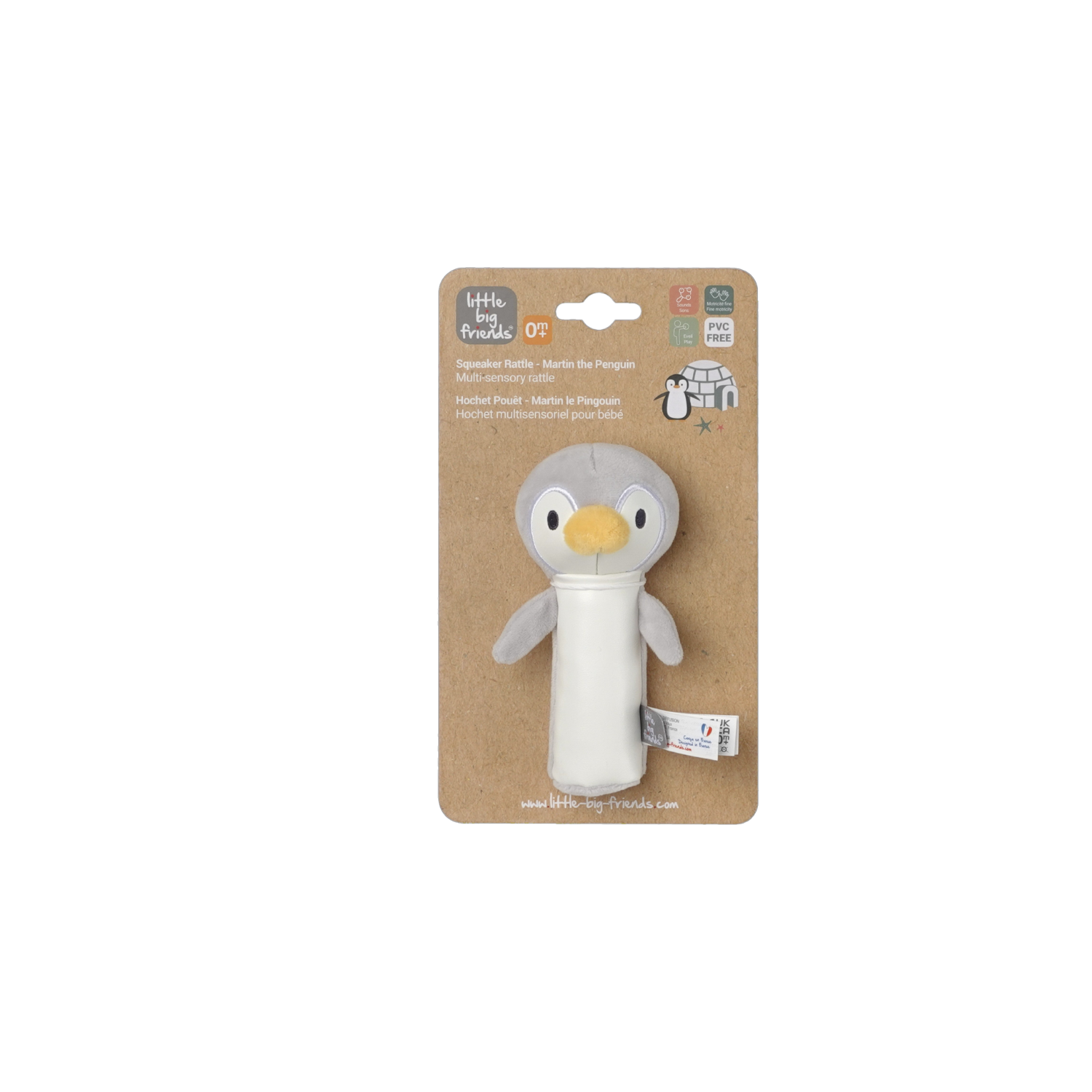 Martin the Penguin on display on a brown  box