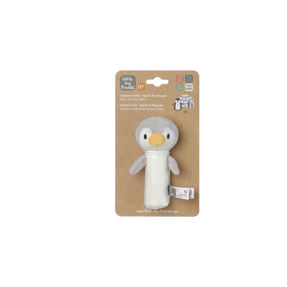 Martin the Penguin on display on a brown  box