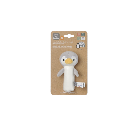 Martin the Penguin on display on a brown  box