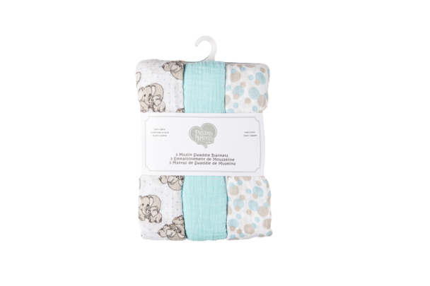 Wrap your little one in comfort and style with the&nbsp;Precious Moments Muslin Swaddle Blankets - 3 Pack Elephant Blue. This delightful set features three generously sized blankets (43” x 43”) made from 100% cotton muslin
