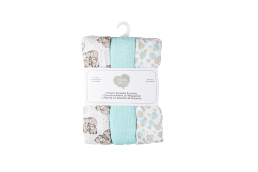 Wrap your little one in comfort and style with the&nbsp;Precious Moments Muslin Swaddle Blankets - 3 Pack Elephant Blue. This delightful set features three generously sized blankets (43” x 43”) made from 100% cotton muslin