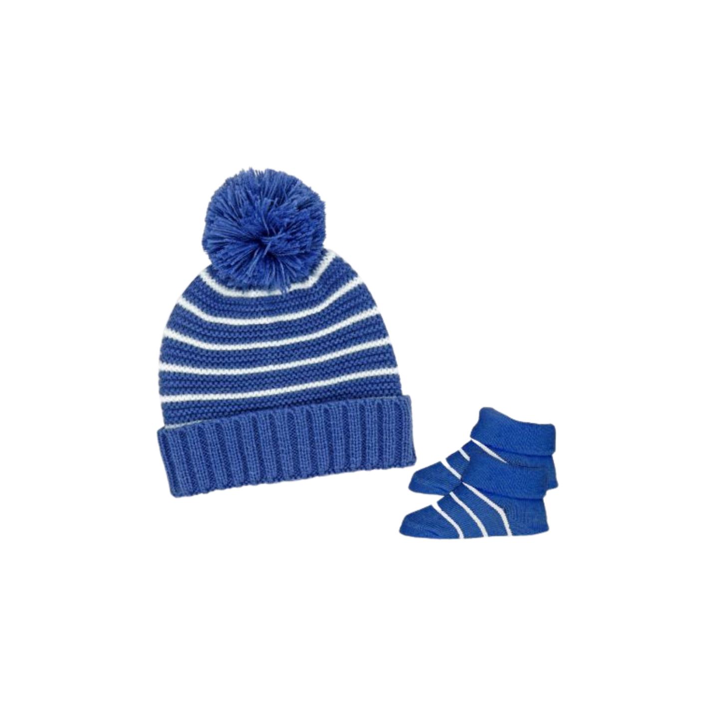 Cozy essential set for little ones. For ages 0-6 months. 
Set Includes:

Knit hat with faux fur pom pom
Matching cozy booties