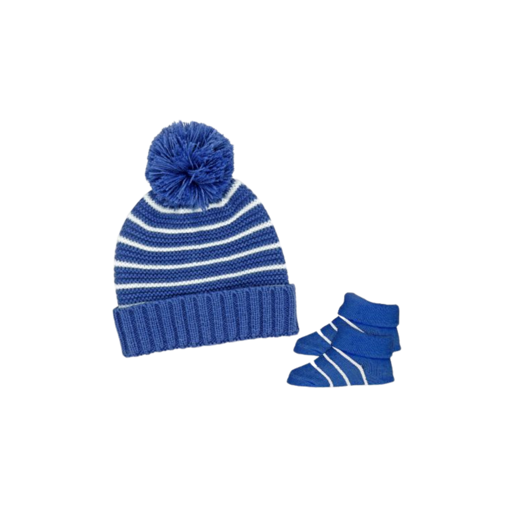 Cozy essential set for little ones. For ages 0-6 months. 
Set Includes:

Knit hat with faux fur pom pom
Matching cozy booties