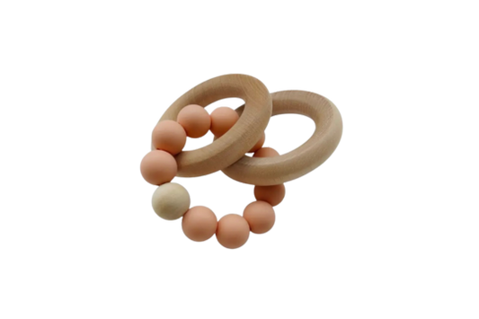 Soothe &amp; stimulate your baby with this natural teething set! Silicone peach teether &amp; beechwood rattle rings help develop motor skills &amp; senses through grasping, textures. 100% safe for 3+ months.