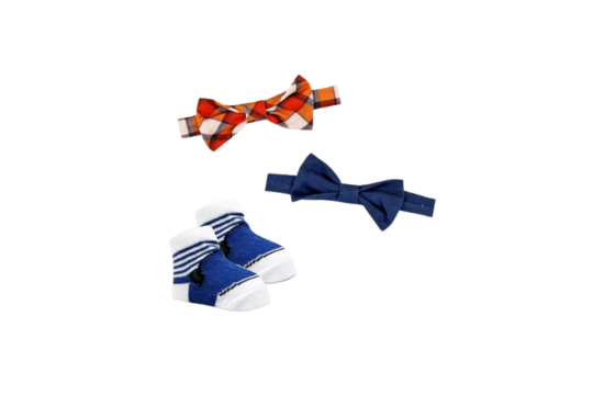 Baby Mode's 3 PC Bowtie &amp; Sock Set in Navy Plaid adds a touch of sophistication to your little one's wardrobe. Perfect for babies 0-6 months. This stylish set includes two bowties and matching socks, perfect for special occasions or everyday wear.

Key Details:

Stylish Design: The navy plaid pattern offers a timeless look that complements various outfits.
Comfortable Fit: Made from soft materials, ensuring gentle wear against your baby's delicate skin.
Versatile Use: Ideal for family gathering