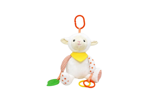 The Bab &amp; Tot soft plush activity toy lamb is perfect for comfort and engagement. With crinkle ears and a rattle, it stimulates your baby's senses during playtime. The hanging C-hook allows for easy attachment to strollers or car seats, providing entertainment on the go.