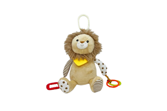 The Bab &amp; tot's plush activity toy lion is an engaging sensory toy designed for infants and toddlers. This soft 100% polyester lion offers multiple textures and interactive features to stimulate your baby's developing senses. Safe for newborns and up, it's the perfect companion for tummy time, car rides or playtime at home.