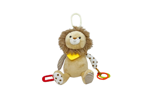 The Bab &amp; tot's plush activity toy lion is an engaging sensory toy designed for infants and toddlers. This soft 100% polyester lion offers multiple textures and interactive features to stimulate your baby's developing senses. Safe for newborns and up, it's the perfect companion for tummy time, car rides or playtime at home.