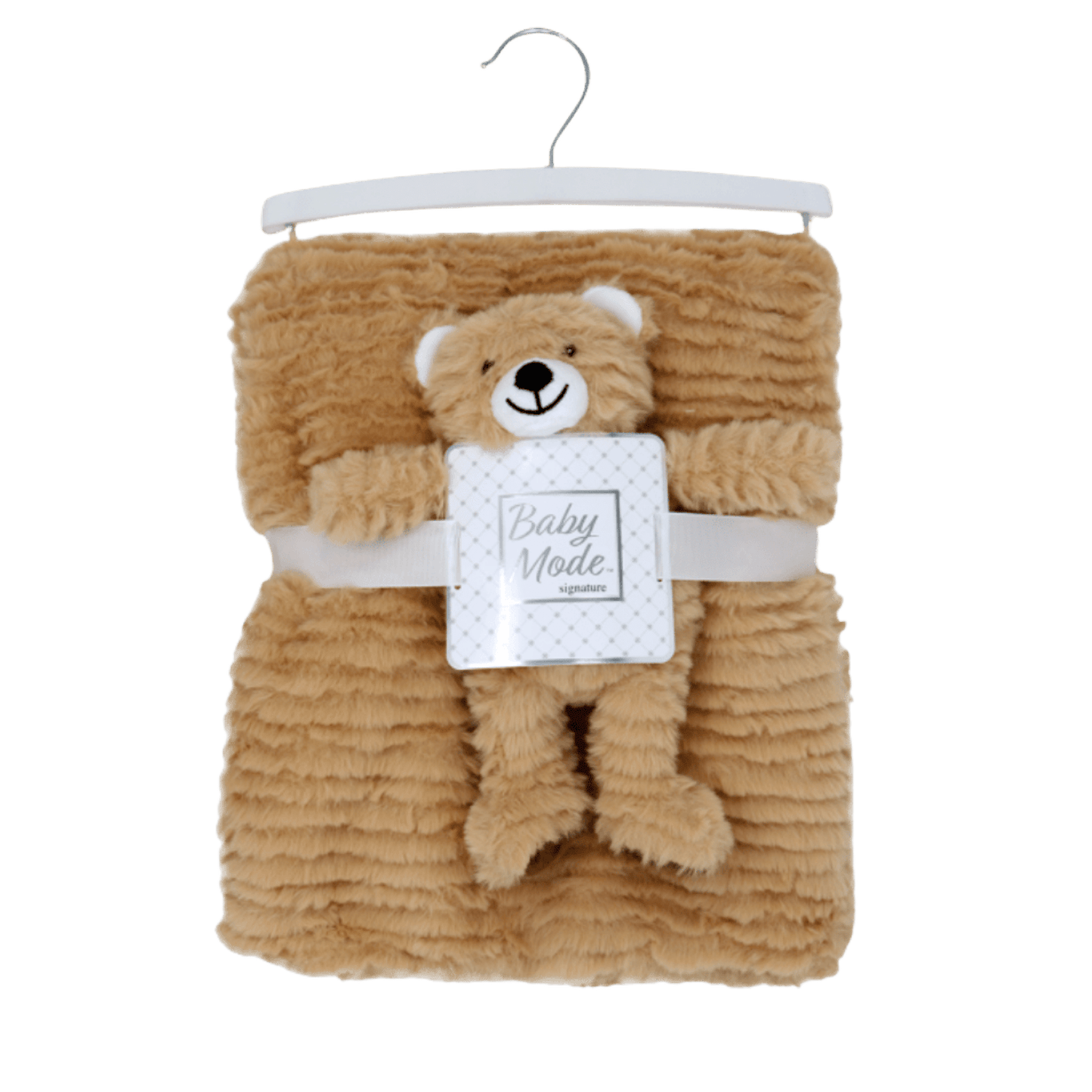Tan Ridge plush bear with blanket on display.

-100% Polyester

-Blanket: 30" x 36"

-Toy sits 6" high