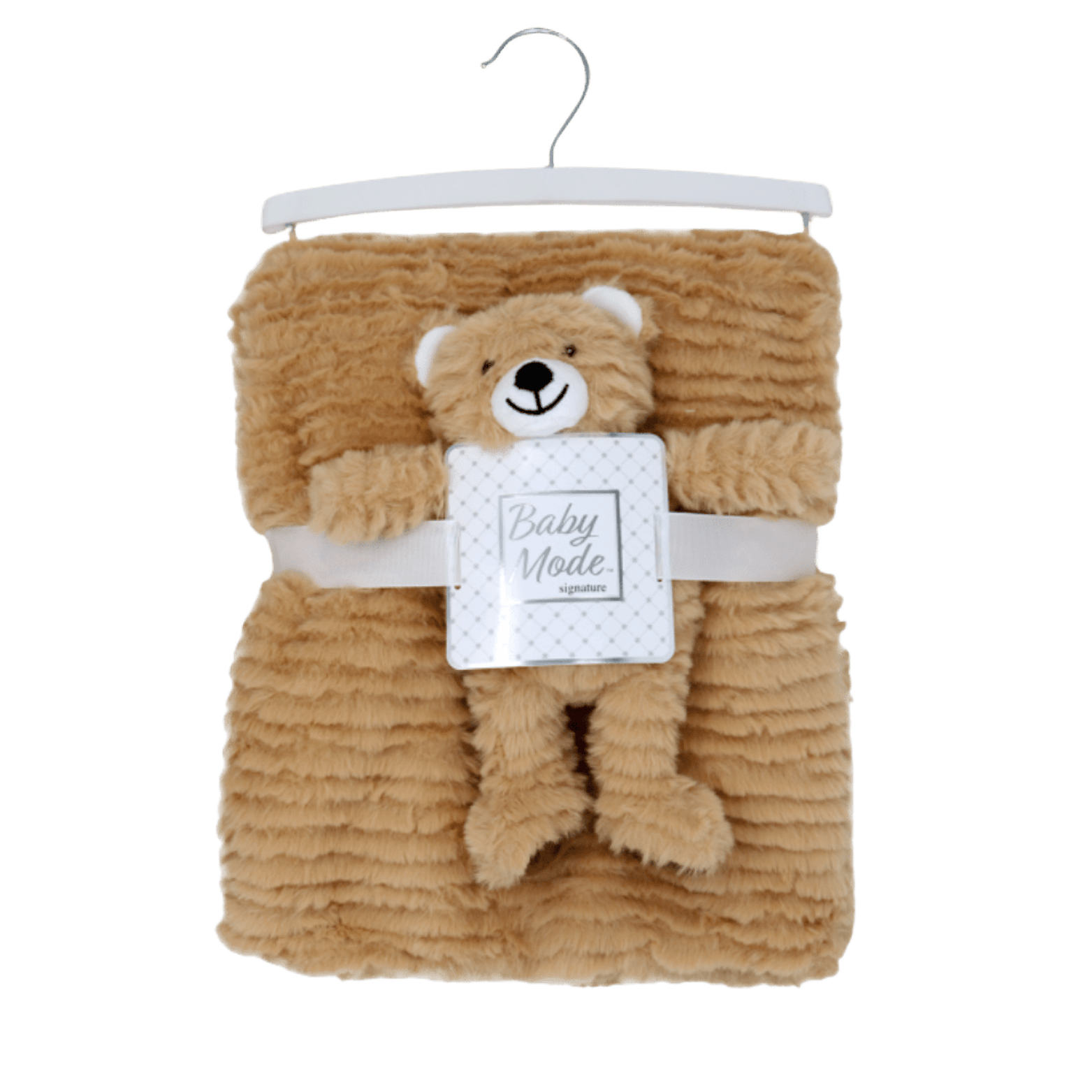 Tan Ridge plush bear with blanket on display.

-100% Polyester

-Blanket: 30" x 36"

-Toy sits 6" high