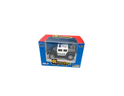 The DLT102 Lil Truckers Police ATV is a rugged and ready toy car, perfect for children aged 3 and up. Measuring approximately 5 inches in length, it's designed for little hands and is part of a collectible set. This toy is built to take on any obstacles, inspiring imaginative and fun play. Get your child ready for exciting adventures with this durable and engaging Police ATV toy car.