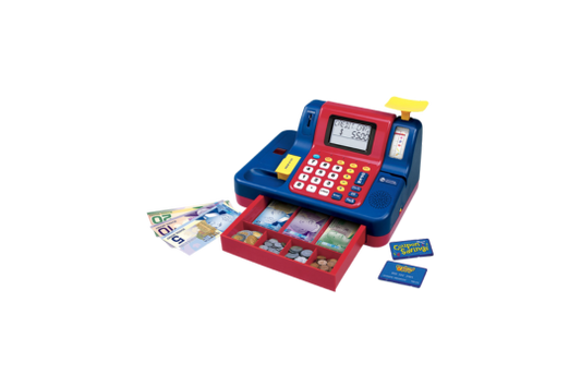 Practice math skills through role play with this teaching cash register! Includes Canadian play money. Learn coin ID, addition, subtraction &amp; place value via 4 engaging games. Develops imagination &amp; numeracy.