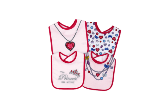 Discover Tendertyme's 4-pack Interlock Bibs with PEVA Backs, featuring 'The Princess' theme. Waterproof and stylish, perfect for your little one's mealtimes.