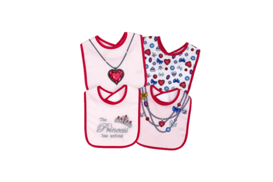 Discover Tendertyme's 4-pack Interlock Bibs with PEVA Backs, featuring 'The Princess' theme. Waterproof and stylish, perfect for your little one's mealtimes.