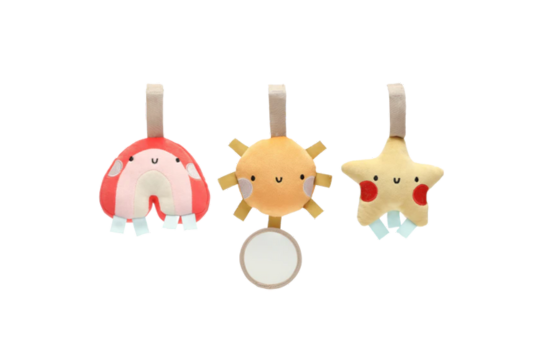 Each toy measures approximately: 4.4”W x 4”H x 1.6”D

The Set Includes:

-3 hanging plush toys with a hook and loop closure; 1 rainbow, 1 sun and 1 star with interactive tugging tabs, squeakers, soft plush and lustrous silky textures, and a mirror to engage your baby’s senses!