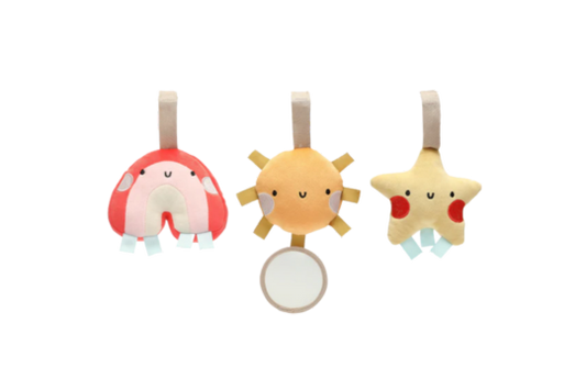 Each toy measures approximately: 4.4”W x 4”H x 1.6”D

The Set Includes:

-3 hanging plush toys with a hook and loop closure; 1 rainbow, 1 sun and 1 star with interactive tugging tabs, squeakers, soft plush and lustrous silky textures, and a mirror to engage your baby’s senses!