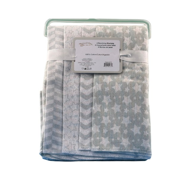 Necessities By Tendertyme receiving Blankets- 4 Pack on display

Soft and cozy blankets featuring grey star/wavy patterns. Perfect for newborns.

100% Cotton
28" x 26"