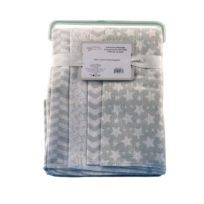 Necessities By Tendertyme receiving Blankets- 4 Pack on display

Soft and cozy blankets featuring grey star/wavy patterns. Perfect for newborns.

100% Cotton
28" x 26"