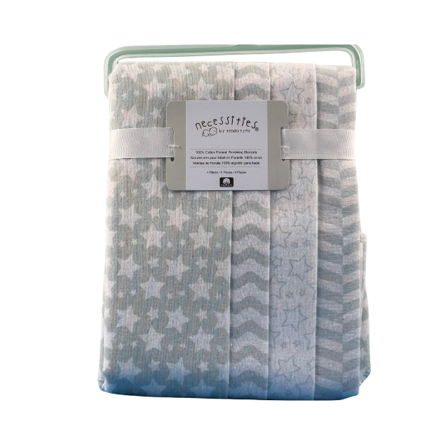 Necessities By Tendertyme receiving Blankets- 4 Pack on display

Soft and cozy blankets featuring grey star/wavy patterns. Perfect for newborns.

100% Cotton
28" x 26"