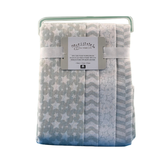 Necessities By Tendertyme receiving Blankets- 4 Pack on display

Soft and cozy blankets featuring grey star/wavy patterns. Perfect for newborns.

100% Cotton
28" x 26"