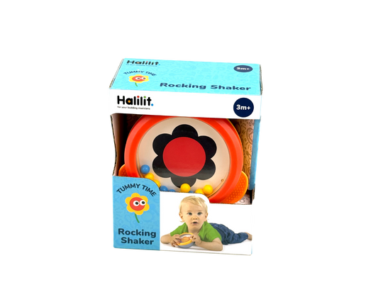 A box containing a Rocking Shaker Toy for tummy time. Toy is for ages 3months+