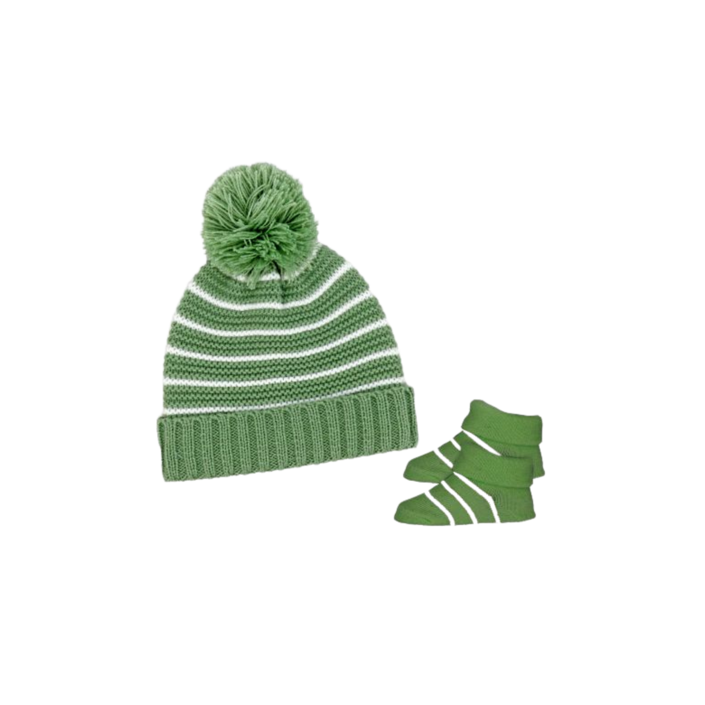 Cozy essential set for little ones. For ages 0-6 months. 
Set Includes:

Knit hat with faux fur pom pom
Matching cozy booties