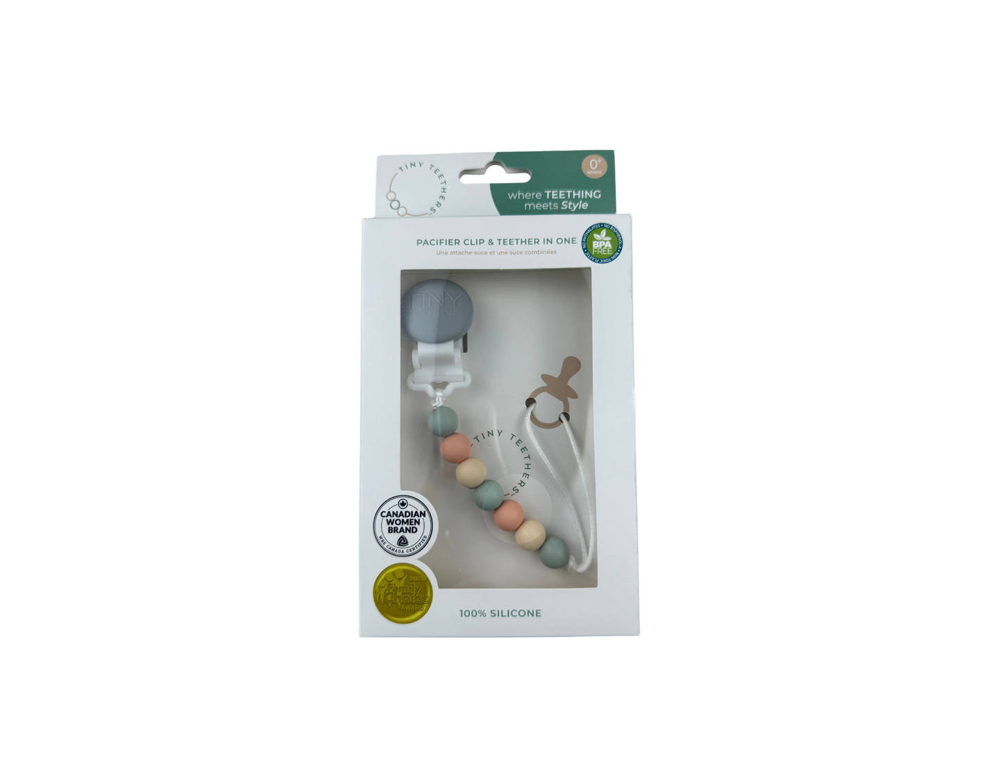 Keep pacifiers clean &amp; secure with this award-winning clip &amp; teether set! Food-grade silicone beads are safe for teething. Clips to baby's clothes to prevent loss. BPA-free. Easy to clean. Not dishwasher or sterilizer safe.