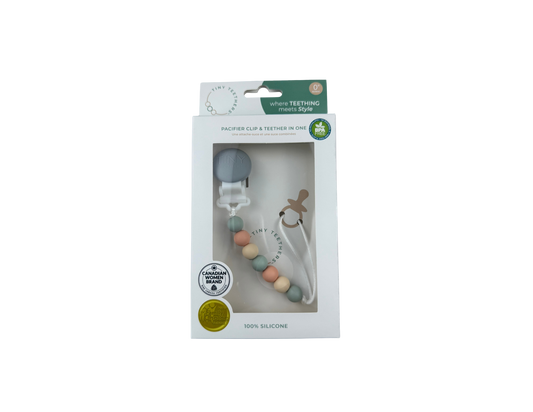 Keep pacifiers clean &amp; secure with this award-winning clip &amp; teether set! Food-grade silicone beads are safe for teething. Clips to baby's clothes to prevent loss. BPA-free. Easy to clean. Not dishwasher or sterilizer safe.