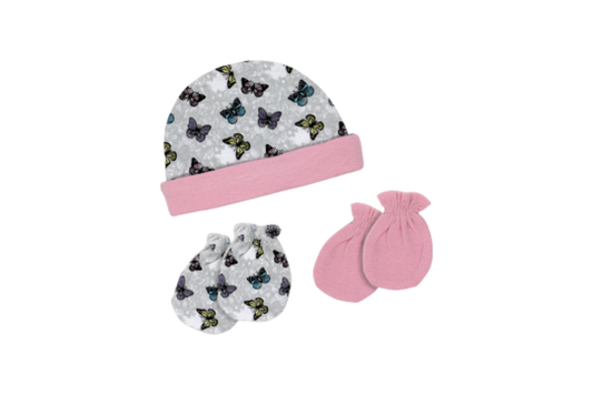 Necessities by Tendertyme- Hat with scratch mitts

100% Cotton.&nbsp;

Perfect for 0-6 months

Set Includes: 1 hat and 2 pairs of mitts