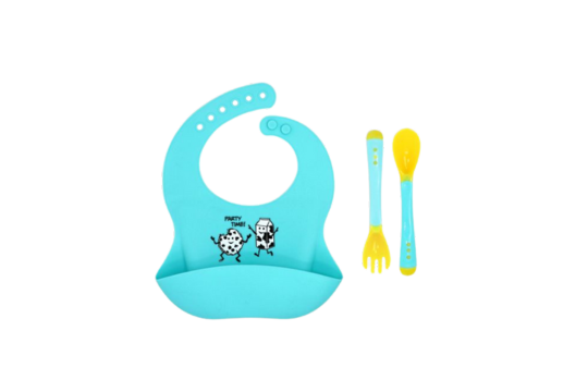 Silicone Bib Feeding set features a durable silicone bib with a built in food catcher, plus a matching fork and spoon designed for small hands- easy grip and gentle on gums. This easy to clean, BPA free design makes this set a practical and stylish choice for babies and toddlers. 6months+

100% Silicone