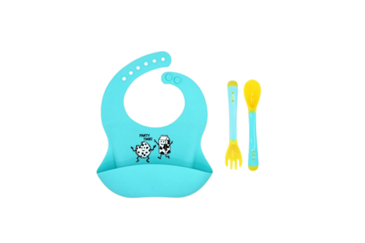 Silicone Bib Feeding set features a durable silicone bib with a built in food catcher, plus a matching fork and spoon designed for small hands- easy grip and gentle on gums. This easy to clean, BPA free design makes this set a practical and stylish choice for babies and toddlers. 6months+

100% Silicone