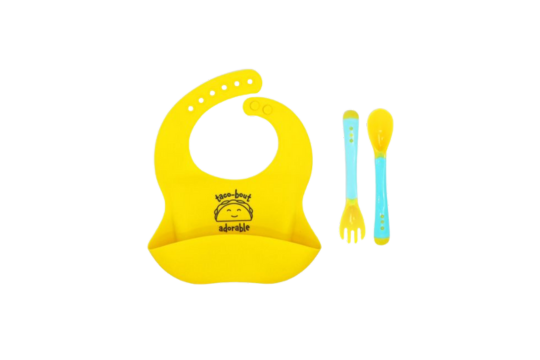 Silicone Bib Feeding set features a durable silicone bib with a built in food catcher, plus a matching fork and spoon designed for small hands-easy grip and gentle on gums. This easy to clean, BPA free design makes this set a practical and stylish choice for babies and toddlers. 6months+

100% Silicone