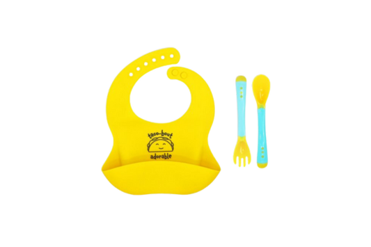 Silicone Bib Feeding set features a durable silicone bib with a built in food catcher, plus a matching fork and spoon designed for small hands-easy grip and gentle on gums. This easy to clean, BPA free design makes this set a practical and stylish choice for babies and toddlers. 6months+

100% Silicone