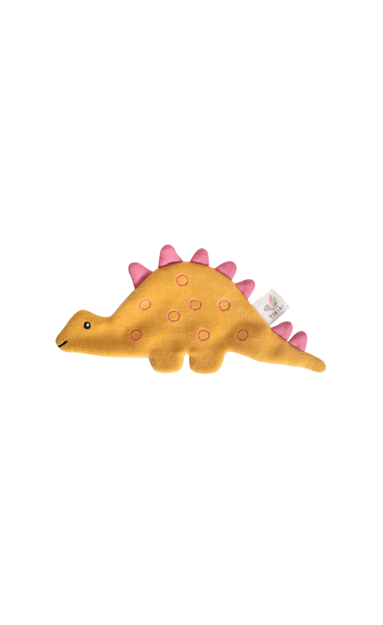 Made from 100% OCS Certified organically grown cotton. A picture of the orange Stegosaurus with pink humps
Ages: 0 months+
