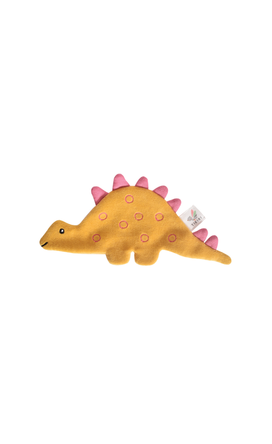 Made from 100% OCS Certified organically grown cotton. A picture of the orange Stegosaurus with pink humps
Ages: 0 months+
