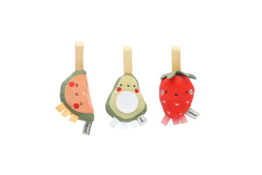-Your little one will love playing with these adorable on-the-go fruit stroller or baby car seat toys by Pearhead! Perfect for ages 0+

-Includes 3 hanging plush toys with a hook and loop closure; 1 watermelon, 1 avocado and 1 strawberry with interactive tugging tabs, squeakers, soft plush and corduroy textures, and a mirror to engage your baby’s senses!