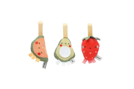 -Your little one will love playing with these adorable on-the-go fruit stroller or baby car seat toys by Pearhead! Perfect for ages 0+

-Includes 3 hanging plush toys with a hook and loop closure; 1 watermelon, 1 avocado and 1 strawberry with interactive tugging tabs, squeakers, soft plush and corduroy textures, and a mirror to engage your baby’s senses!