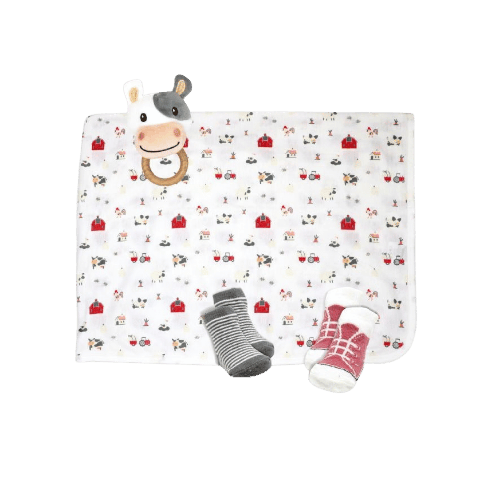 Red Farm swaddle set spread out to display each product
