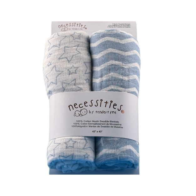 Necessities by Tendertyme's Blue Star Wave Muslin Swaddle Blankets on display. Made of soft breathable muslin, perfect for a good night's sleep.

-Set of Two.
-100 % Cotton

43"x43"