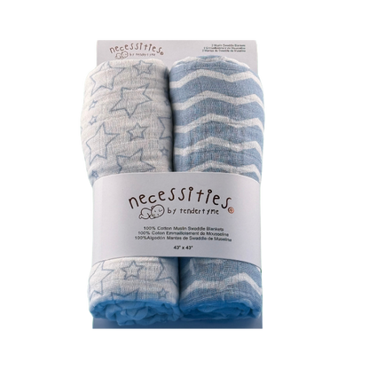Necessities by Tendertyme's Blue Star Wave Muslin Swaddle Blankets on display. Made of soft breathable muslin, perfect for a good night's sleep.

-Set of Two.
-100 % Cotton

43"x43"