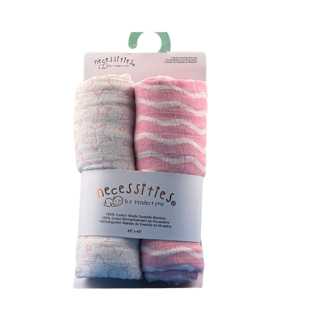 Tendertyme's Pink Star/Wave Muslin Swaddle Blankets on display.
Made of soft breathable muslin, perfect for a good night's sleep.
-Set of Two.
-100 % Cotton

43"x43"