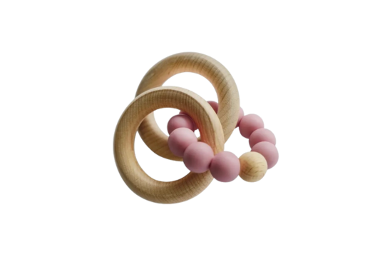 Soothe &amp; stimulate with Tiny Teethers' silicone rose teether &amp; beechwood rattle rings. 100% safe materials aid baby's development of motor skills &amp; senses through grasping/textures. Ideal for 3+ months.