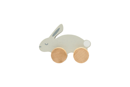 -Your little one will love playing, racing and hoping with this adorable wooden rabbit push toy.

-Includes one wooden gray toy rabbit perfect for exploring during playtime. Suitable for ages 12 months and up.
