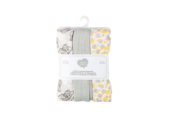 Wrap your little one in love and comfort with the&nbsp;Precious Moments Muslin Swaddle Blankets - 3 Pack Elephant Yellow. This charming set features three generously sized blankets (43” x 43”) crafted from 100% cotton muslin