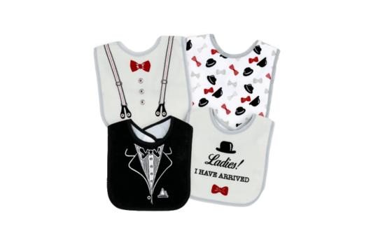Discover Tendertyme's 4-pack Interlock Bibs with PEVA Backs, featuring a young gentleman theme. These waterproof bibs, made of 100% cotton with PEVA backing, combine style and functionality for your little one's mealtimes and activities.