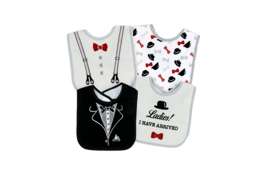 Discover Tendertyme's 4-pack Interlock Bibs with PEVA Backs, featuring a young gentleman theme. These waterproof bibs, made of 100% cotton with PEVA backing, combine style and functionality for your little one's mealtimes and activities.