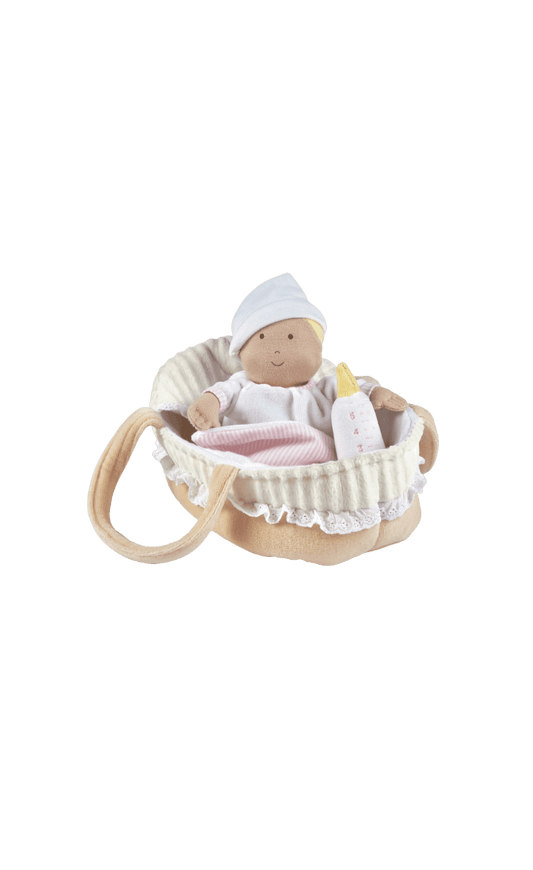 Tikiri Baby Grace Soft Doll 4-Piece Set, 13". Huggable for 0+ months snuggles, with carry cot, blanket & bottle.